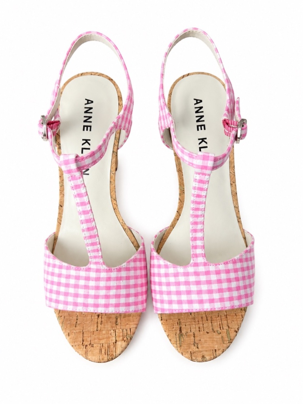 Anne Klein Pink Gingham Cork Platform T-Strap Block Heel Sandals Size 7.5 - Picture 8 of 9